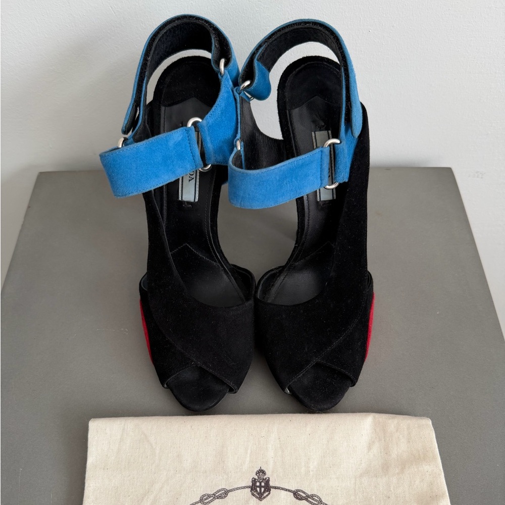 PRADA Black Suede Colorblock Runway Heel Sandals, Size 38.5 (US 8) - Picture 2 of 7